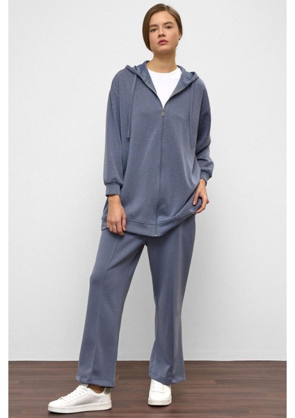 Kapüşonlu Fermuarlı Taş Bezeli Premium Kumaş Sweat Pantolon Takım Mavi 9371-TK modelleri