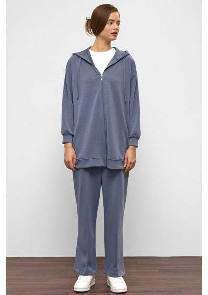 Kapüşonlu Fermuarlı Taş Bezeli Premium Kumaş Sweat Pantolon Takım Mavi 9371-TK fırsatları