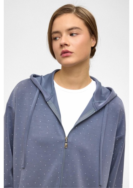 Kapüşonlu Fermuarlı Taş Bezeli Premium Kumaş Sweat Pantolon Takım Mavi 9371-TK indirimleri