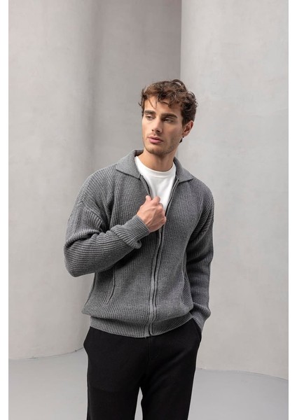 Coppola Selanik Örgü Polo Yaka Cepli Fermuarlı Rahat Kalıp Erkek Triko Hırka - Füme