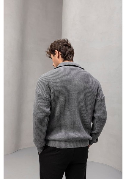 Coppola Selanik Örgü Polo Yaka Cepli Fermuarlı Rahat Kalıp Erkek Triko Hırka - Füme