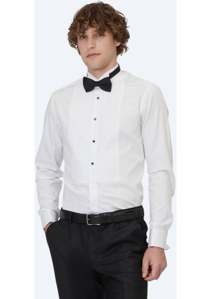 Beyaz Düz Slim Fit Duble Manşet Ata Yaka Smokin Gömlek
