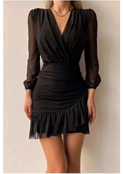 Drapeli Kolları Tül Siyah Elbise