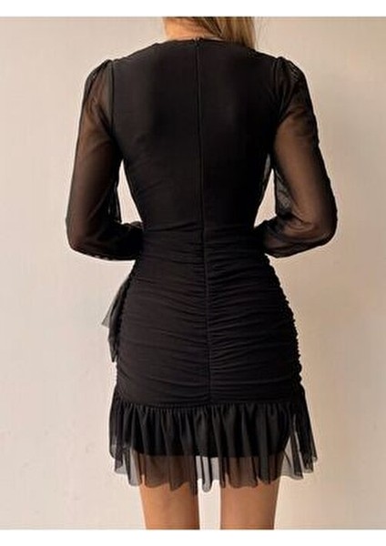 Drapeli Kolları Tül Siyah Elbise fiyatları