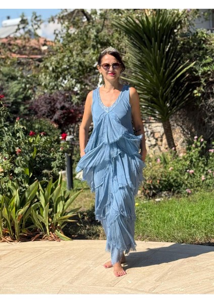 NC61460 Italyan Askılı Yaka Pullu Fırfırlı Ipek Elbise Mavi