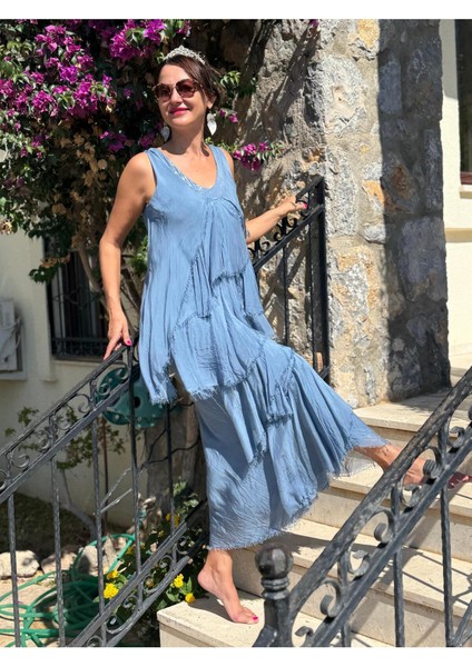 NC61460 Italyan Askılı Yaka Pullu Fırfırlı Ipek Elbise Mavi fiyatları