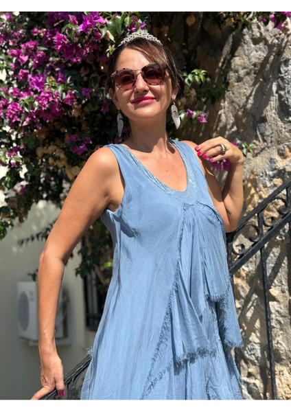 NC61460 Italyan Askılı Yaka Pullu Fırfırlı Ipek Elbise Mavi modelleri
