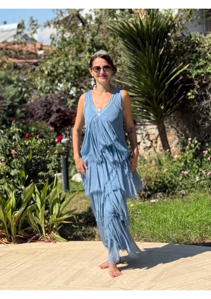 NC61460 Italyan Askılı Yaka Pullu Fırfırlı Ipek Elbise Mavi