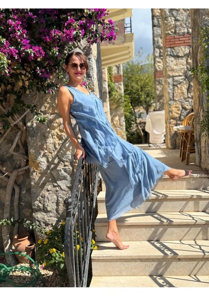 NC61460 Italyan Askılı Yaka Pullu Fırfırlı Ipek Elbise Mavi