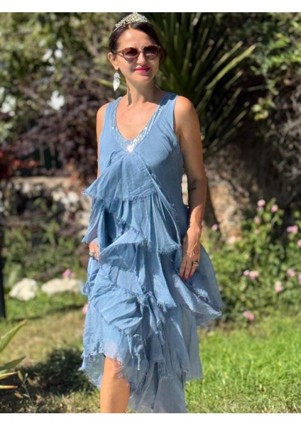 NC61460 Italyan Askılı Yaka Pullu Fırfırlı Ipek Elbise Mavi