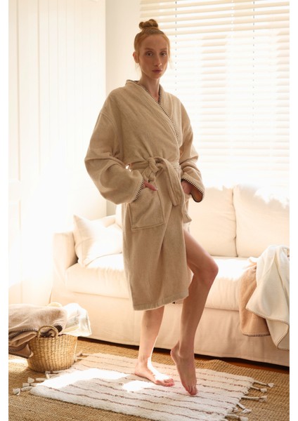 Shadow %100 Pamuk Kadın Bornoz Bej