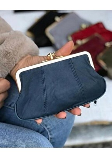 Hakiki Deri Lacivert Klipsli Kadın Cüzdan