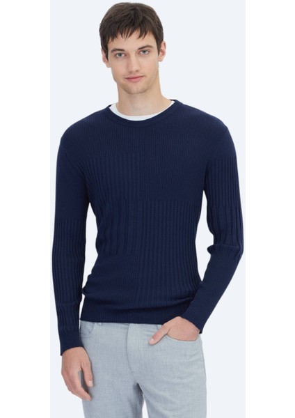 Lacivert Bisiklet Yaka Jakarlı Triko Kazak