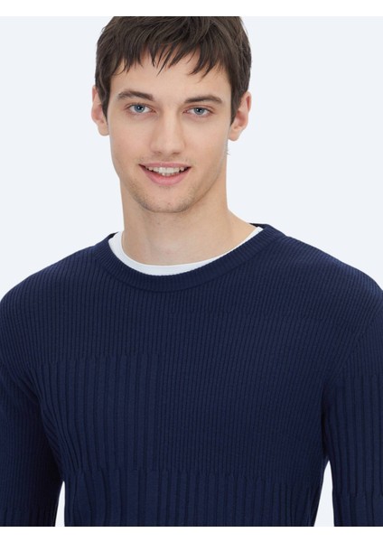 Lacivert Bisiklet Yaka Jakarlı Triko Kazak modelleri