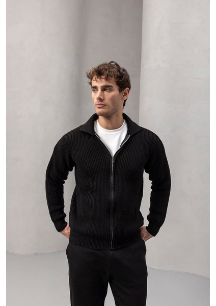 Coppola Selanik Örgü Polo Yaka Cepli Fermuarlı Rahat Kalıp Erkek Triko Hırka - Siyah