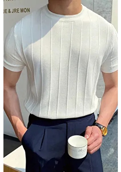 Beyaz Erkek Yuvarlak Yaka Kısa Kollu Tişört %50 Pamuk %50 Akrilik Günlük Kullanım İçin