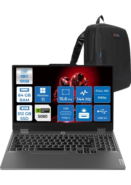 Loq 15IRX10 Intel® Core I7-13650HX 64GB Ddr5 512GB SSD 15.6" 8GB/RTX5060 100W (1920X1080) IPS 300NITS 144Hz, G-Sync® Windows 11 Pro Gaming BILG.83JE00ETTRP17+ZETTAÇANTA