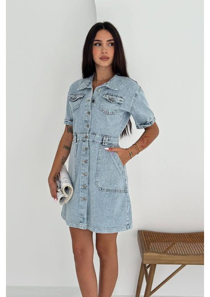 Kadın Düğmeli Denim Elbise – Rahat & Şehirli Stil