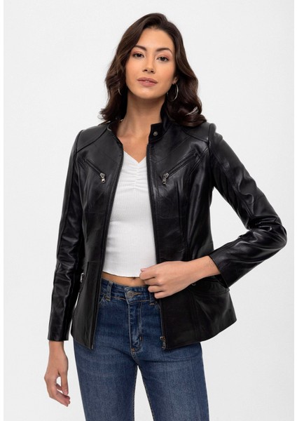 Siyah Maeve Çıt Çıt Detaylı Hakim Yaka Astarlı Kadın Hakiki Deri Mont fiyatları