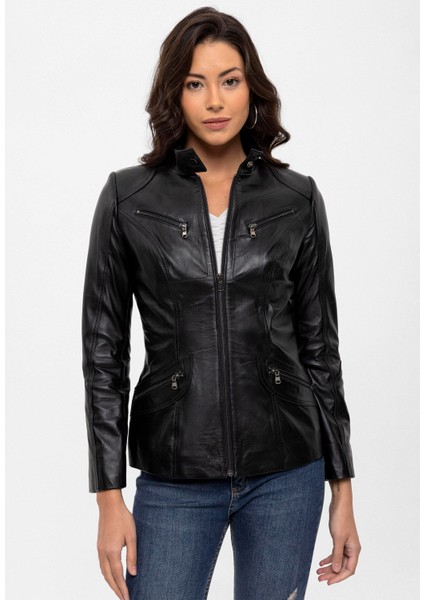 Siyah Maeve Çıt Çıt Detaylı Hakim Yaka Astarlı Kadın Hakiki Deri Mont modelleri