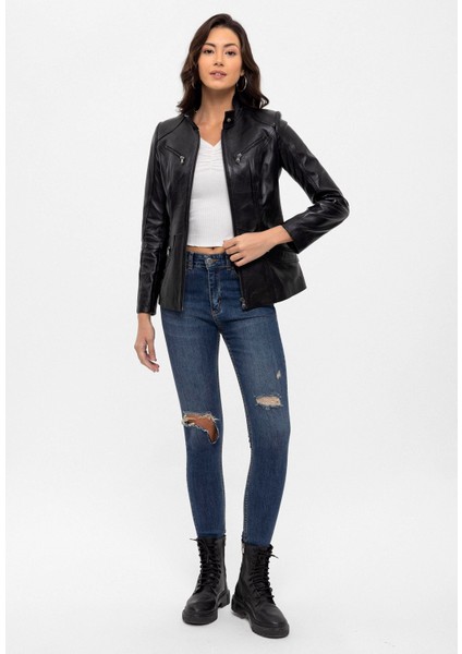 Siyah Maeve Çıt Çıt Detaylı Hakim Yaka Astarlı Kadın Hakiki Deri Mont fırsatları