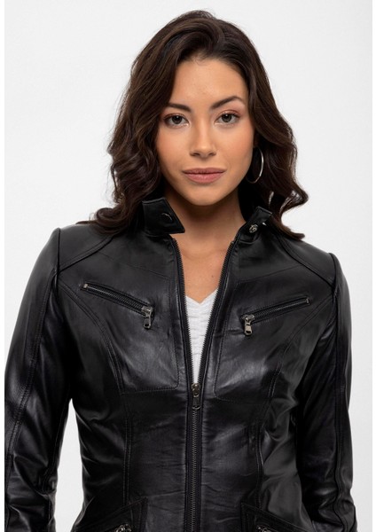 Siyah Maeve Çıt Çıt Detaylı Hakim Yaka Astarlı Kadın Hakiki Deri Mont indirimleri