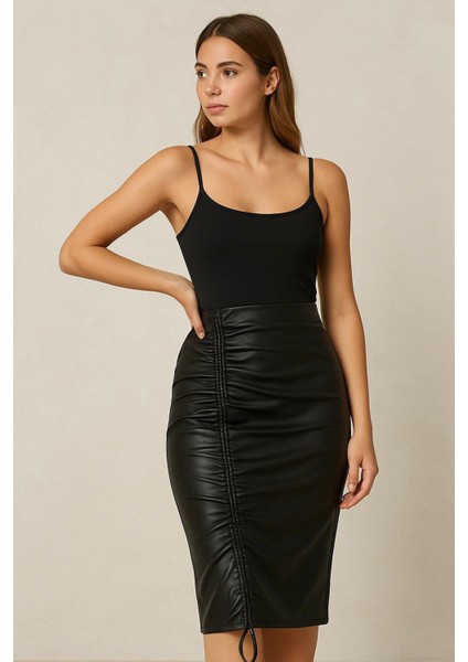 Önden Yırtmaçlı Ayarlanabilir Deri Etek fiyatları