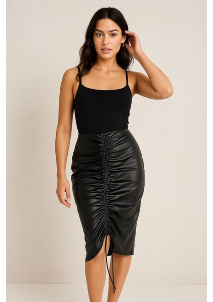 Önden Yırtmaçlı Ayarlanabilir Deri Etek fırsatları