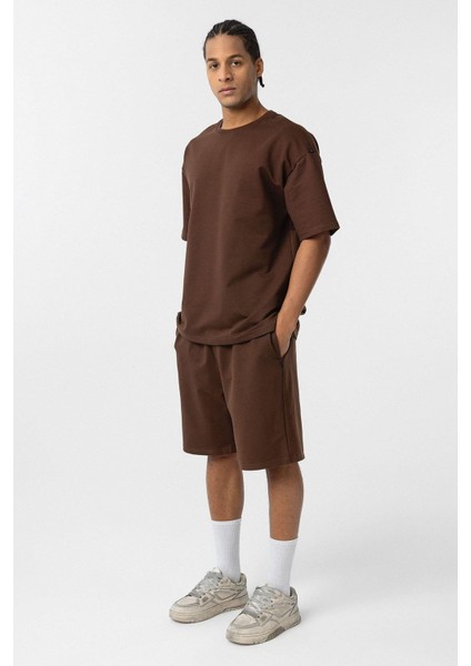 Basic Oversize Şort Takım Kahve modelleri