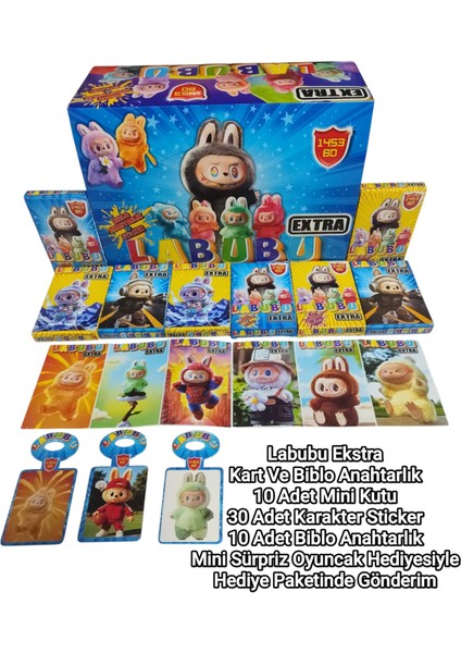 Labubu Ekstra Oyun Kağıtları 10 Mini Kutu | 30 Karakter Sticker + 10 Biblo Anahtarlık Seti modelleri