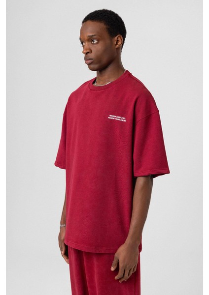 Yıkamalı Arka Baskılı Oversize Eşofman Takım Bordo modelleri