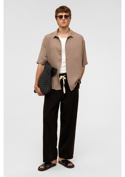 Oversize Kısa Kollu Müslin Kumaş Gömlek Bej