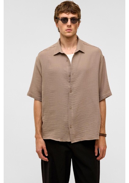 Oversize Kısa Kollu Müslin Kumaş Gömlek Bej modelleri