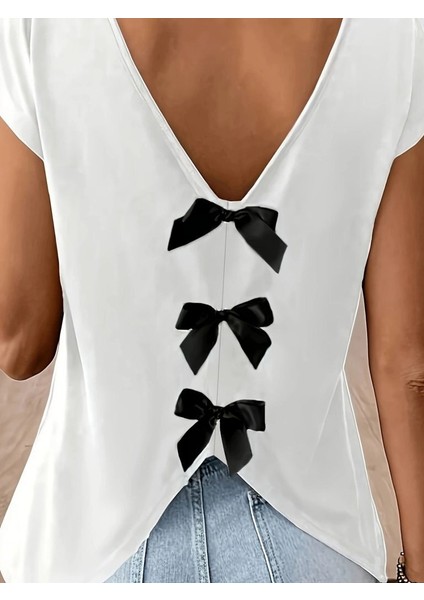 Kadın Kısa Kollu V Yakalı Arkadan Kurdele Detaylı Viskon Bluz