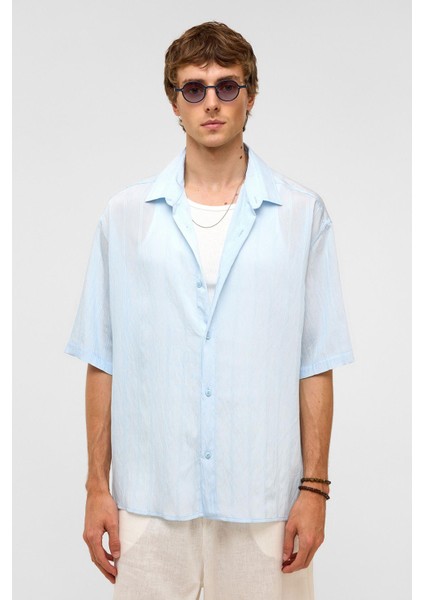 Oversize Çizgili Kısa Kollu Modal Kumaş Gömlek Bebe Mavi modelleri