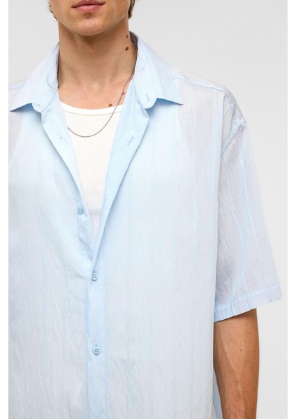 Oversize Çizgili Kısa Kollu Modal Kumaş Gömlek Bebe Mavi indirimleri