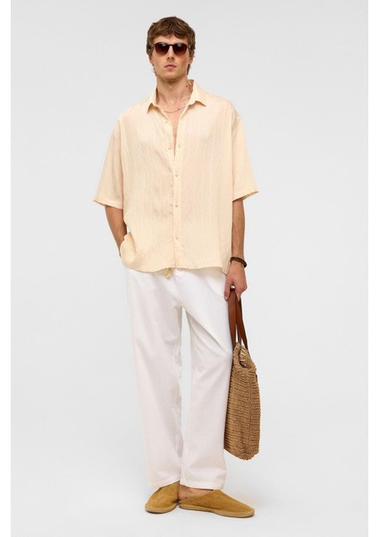 Oversize Çizgili Kısa Kollu Modal Kumaş Gömlek Bej