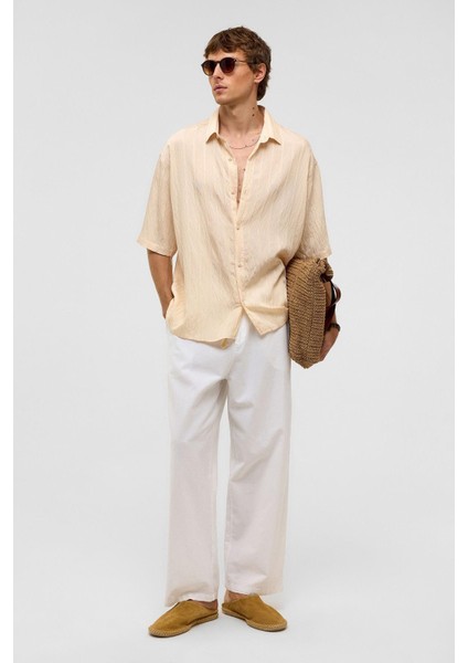 Oversize Çizgili Kısa Kollu Modal Kumaş Gömlek Bej fiyatları