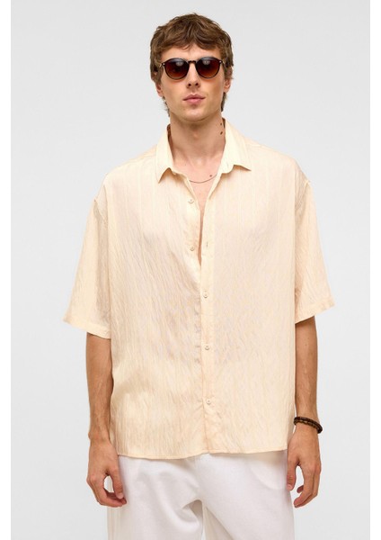 Oversize Çizgili Kısa Kollu Modal Kumaş Gömlek Bej modelleri