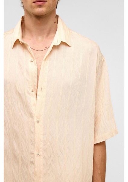 Oversize Çizgili Kısa Kollu Modal Kumaş Gömlek Bej indirimleri