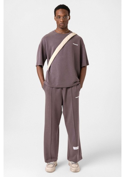 Etiket Detaylı Oversize Modal Kumaş Eşofman Takım Kahve