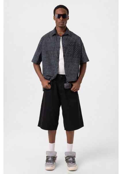 Oversize Cepli Kareli Kısa Kol Gömlek Siyah