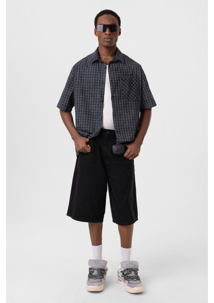 Oversize Cepli Kareli Kısa Kol Gömlek Siyah fiyatları