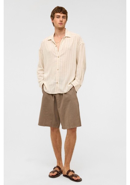 Oversize Uzun Kollu Çizgili Keten Gömlek Vizon