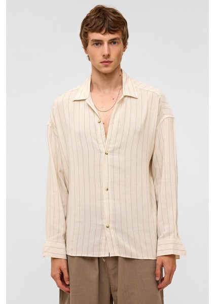 Oversize Uzun Kollu Çizgili Keten Gömlek Vizon fiyatları