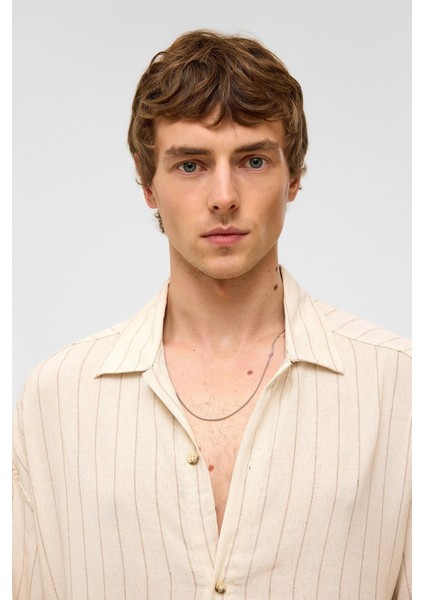 Oversize Uzun Kollu Çizgili Keten Gömlek Vizon modelleri