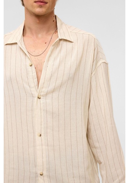 Oversize Uzun Kollu Çizgili Keten Gömlek Vizon fırsatları