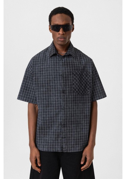 Oversize Cepli Kareli Kısa Kol Gömlek Siyah modelleri