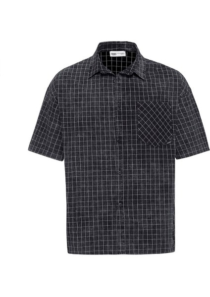 Oversize Cepli Kareli Kısa Kol Gömlek Siyah fırsatları