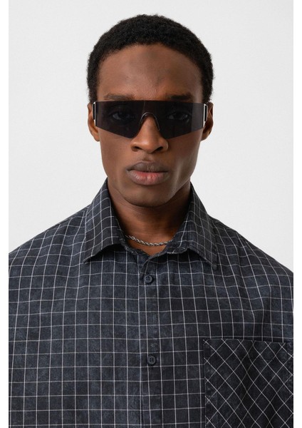 Oversize Cepli Kareli Kısa Kol Gömlek Siyah indirimleri